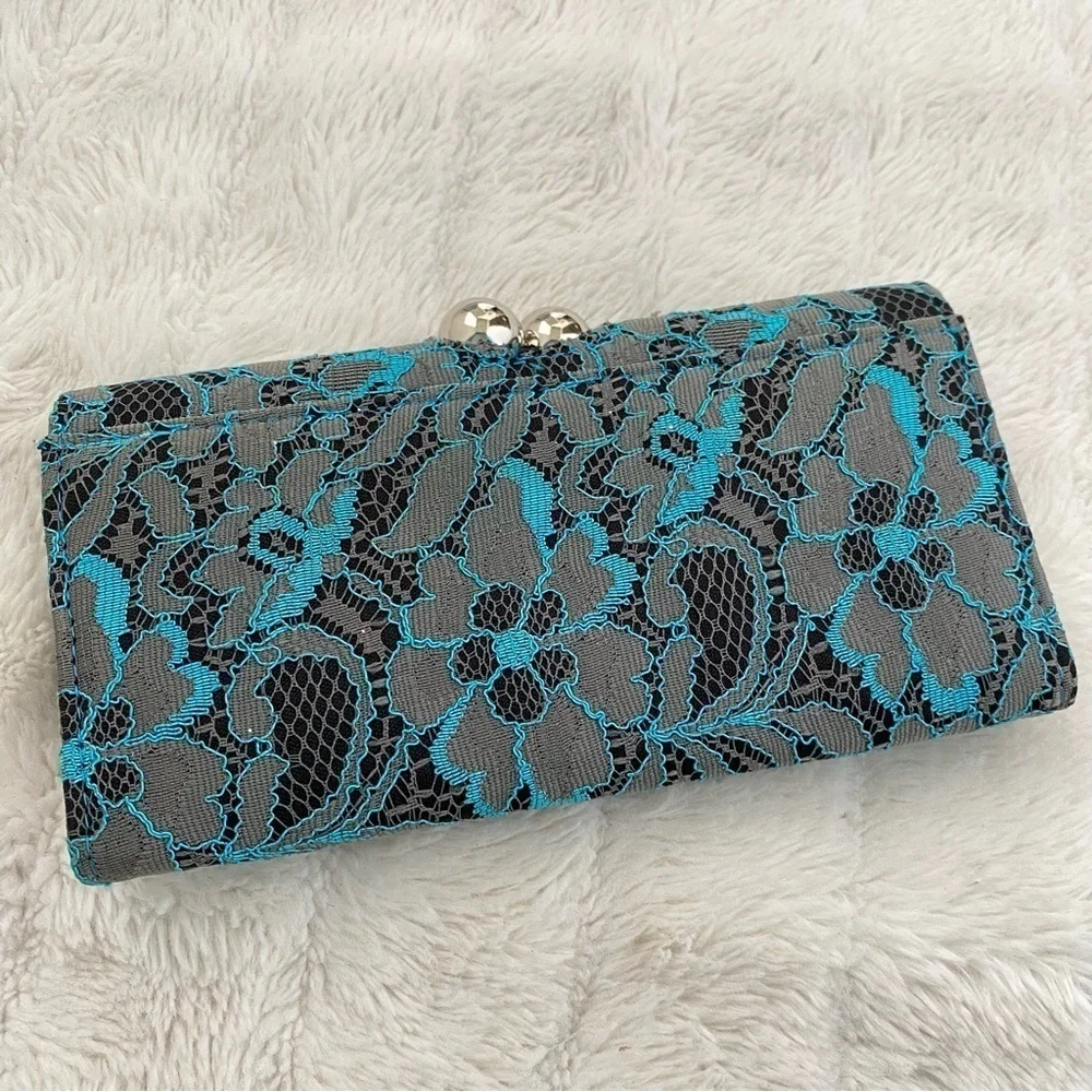 Elegant Gray and Blue Lace Clutch Wallet